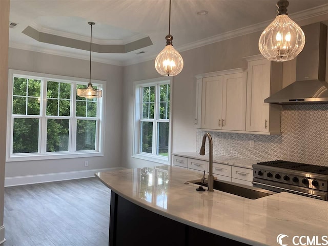 kitchen with pendant lighting, stainless steel range, tasteful backsplash, wall chimney exhaust hood, and dark hardwood / wood-style flooring