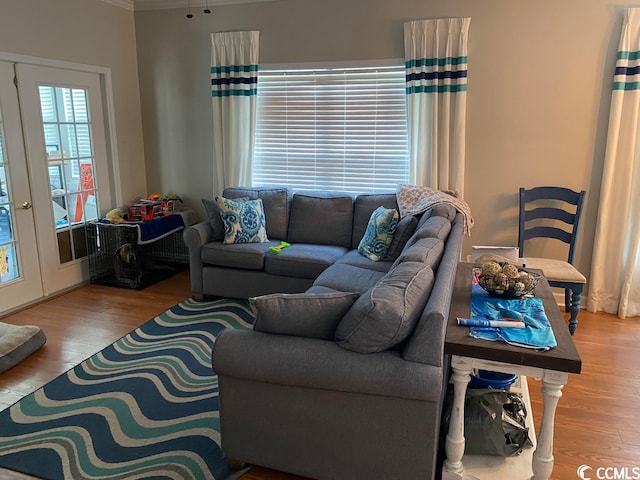 living room featuring crown molding, light hardwood / wood-style floors, and french doors