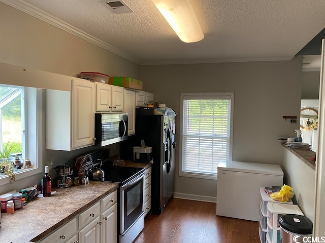 kitchen with white cabinets, dark hardwood / wood-style flooring, stainless steel appliances, and a wealth of natural light