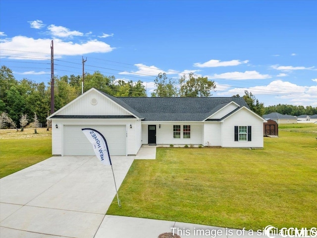 ranch-style home with a garage, driveway, a front lawn, and roof with shingles