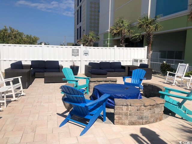 view of terrace featuring an outdoor living space