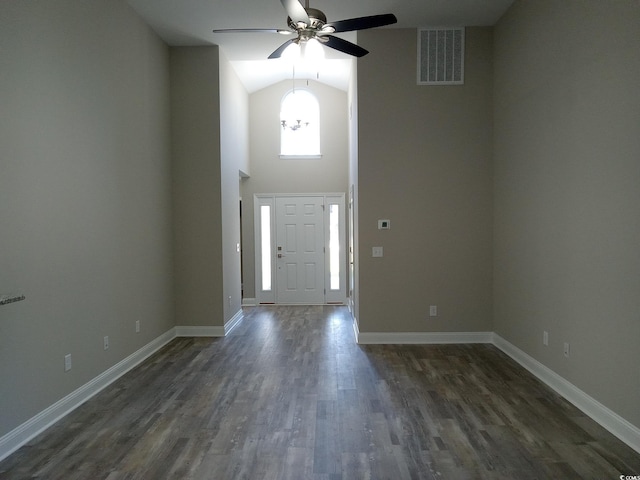 entryway featuring ceiling fan, dark hardwood / wood-style flooring, and lofted ceiling