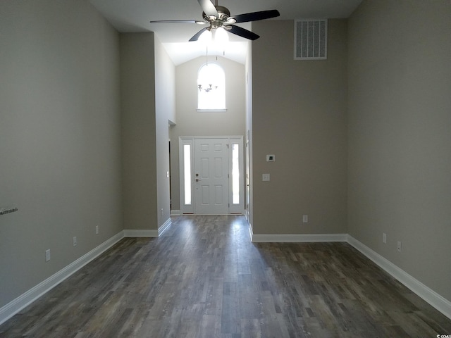 1023 Meares St, Calabash, NC 28467 - foyer entrance with visible vents, baseboards, a ceiling fan, dark wood-style floors, and high vaulted ceiling