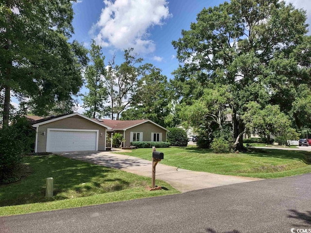 ranch-style house with a front lawn and a garage