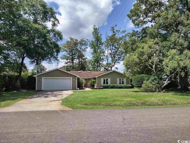 single story home featuring a front yard and a garage