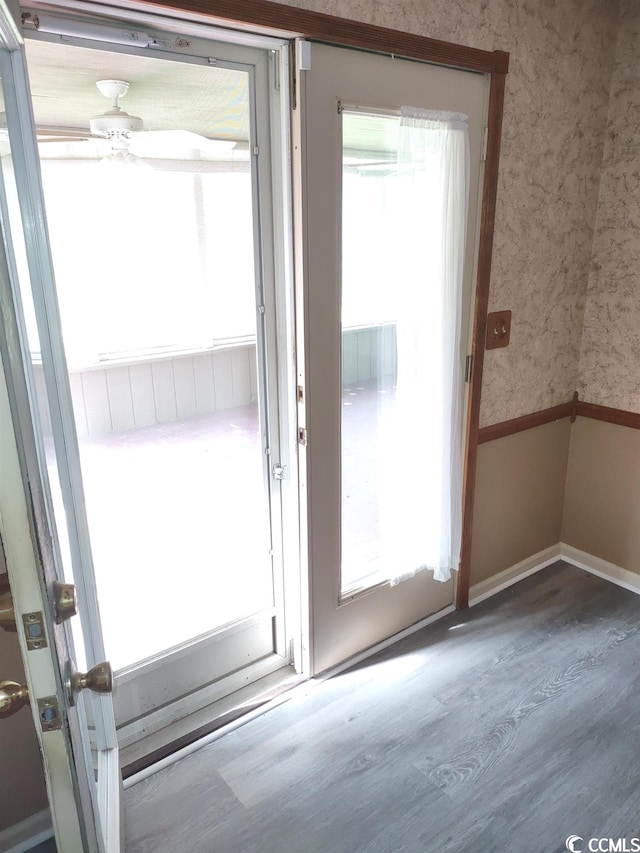 doorway featuring ceiling fan, dark wood-type flooring, and a wealth of natural light