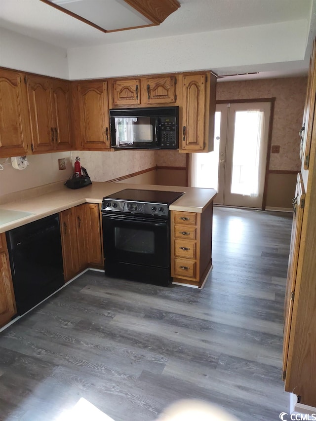 kitchen with dark hardwood / wood-style floors and black appliances