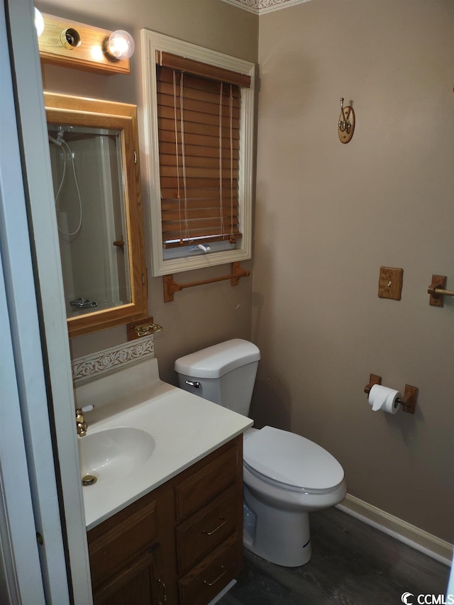 bathroom with toilet, vanity, and wood-type flooring