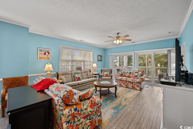 living room featuring a textured ceiling, light hardwood / wood-style floors, ceiling fan, and ornamental molding