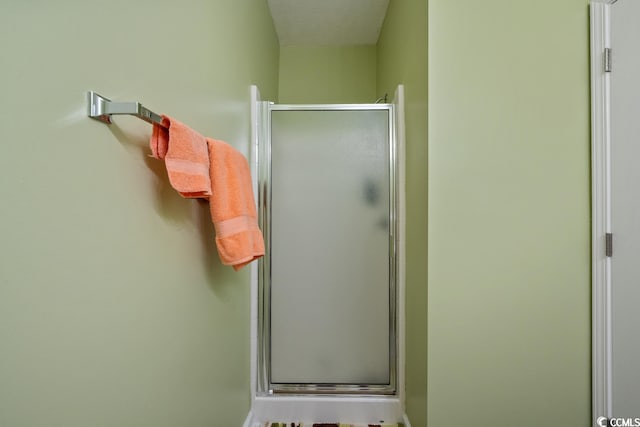 bathroom with a shower with shower door