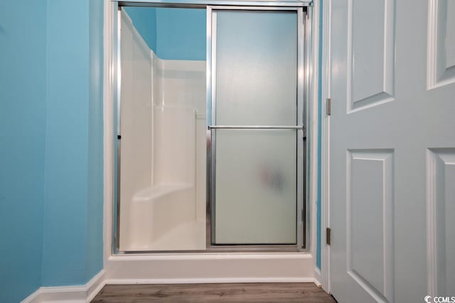 bathroom with walk in shower and hardwood / wood-style floors