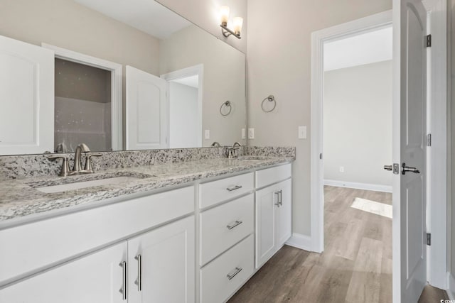 bathroom featuring vanity and hardwood / wood-style floors