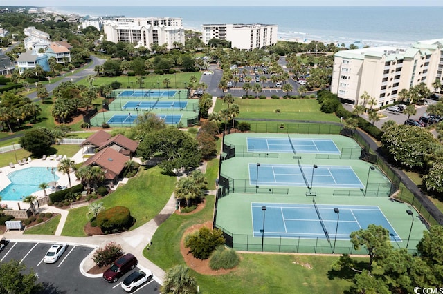 bird's eye view with a water view