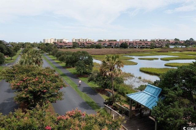 bird's eye view with a water view