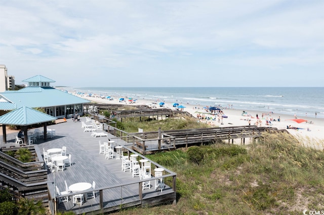 view of water feature with a gazebo and a view of the beach