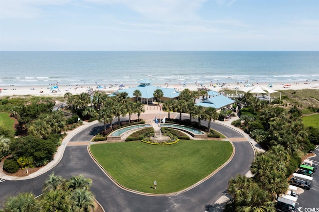 aerial view with a water view and a view of the beach