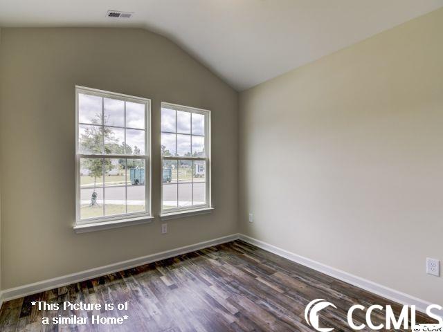 spare room with dark hardwood / wood-style floors and lofted ceiling