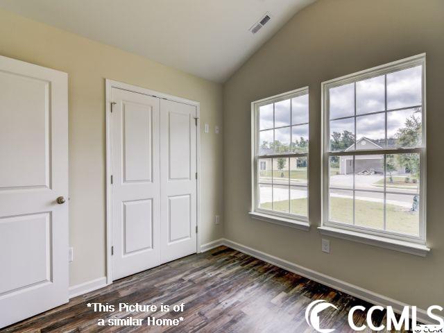 unfurnished bedroom with dark hardwood / wood-style flooring, a closet, and vaulted ceiling