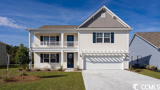 view of front facade with concrete driveway, a front lawn, board and batten siding, and cooling unit