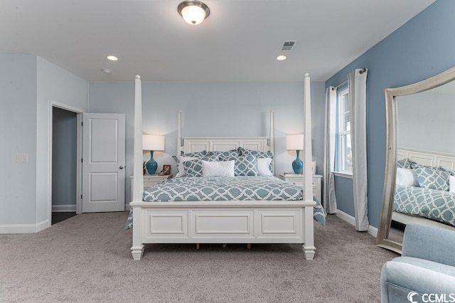 bedroom featuring baseboards, recessed lighting, visible vents, and light colored carpet