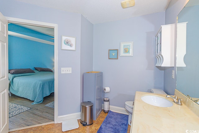 bathroom with toilet, large vanity, and hardwood / wood-style floors