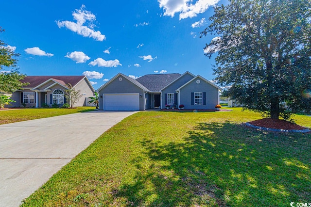 single story home with a front yard and a garage