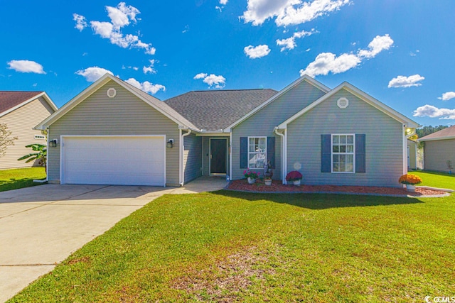 ranch-style house with a front yard and a garage