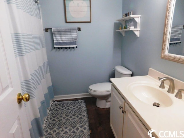 bathroom with toilet, large vanity, and wood-type flooring