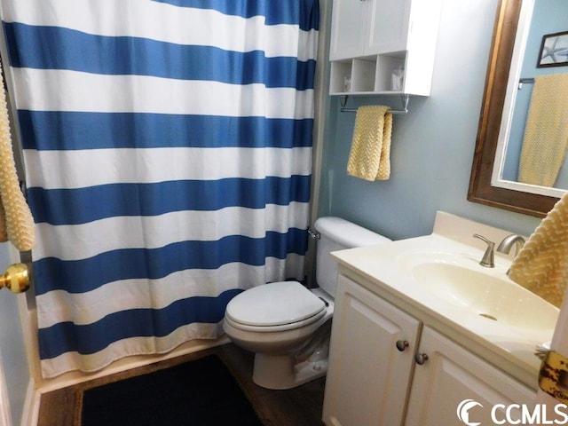 bathroom with toilet, large vanity, and hardwood / wood-style floors