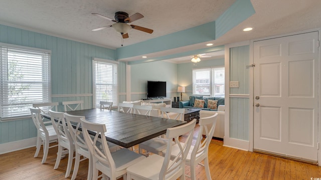 dining room with light wood-style floors, a ceiling fan, a textured ceiling, and ornamental molding