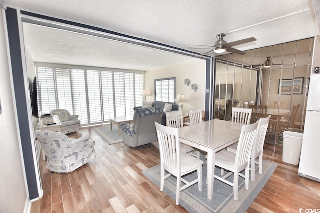 dining area featuring light hardwood / wood-style floors, a textured ceiling, and ceiling fan