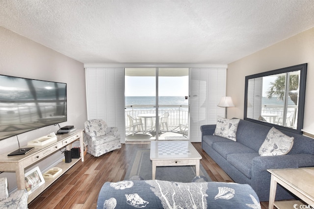 living room with dark hardwood / wood-style flooring, a water view, and a textured ceiling