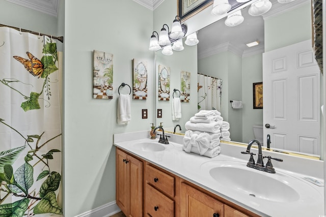 1010 Perrin Dr, North Myrtle Beach, SC 29582 - full bathroom featuring ornamental molding, double vanity, toilet, and a shower with curtain