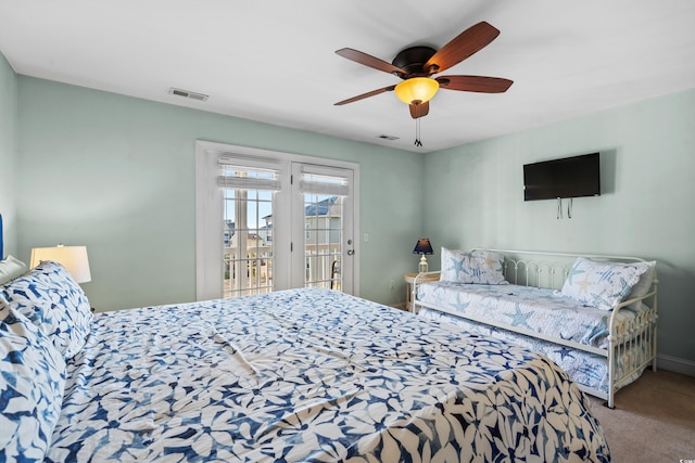 bedroom featuring carpet floors, access to exterior, and ceiling fan