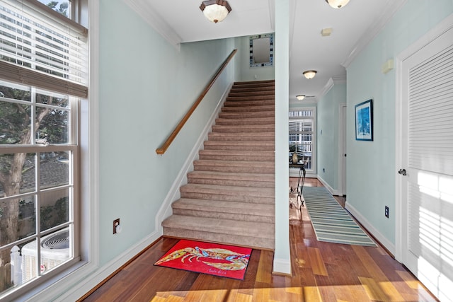 1010 Perrin Dr, North Myrtle Beach, SC 29582 - staircase featuring wood finished floors, crown molding, and baseboards