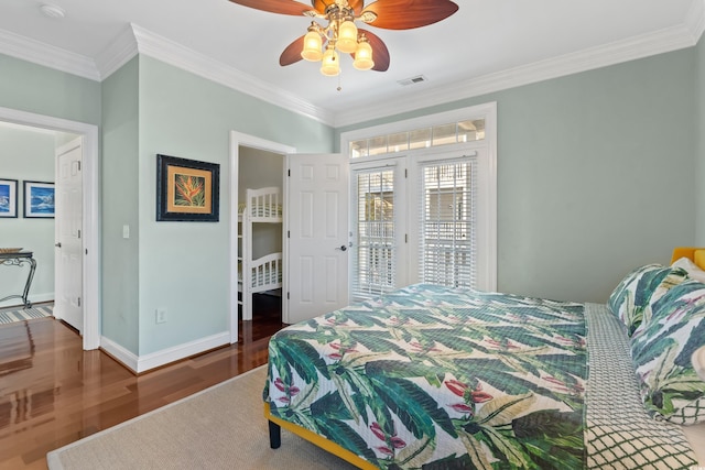 bedroom featuring ornamental molding, dark wood-type flooring, access to outside, and ceiling fan