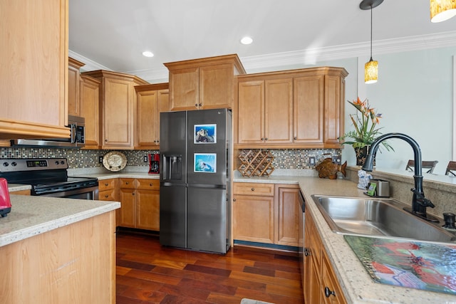 1010 Perrin Dr, North Myrtle Beach, SC 29582 - kitchen featuring stainless steel appliances, crown molding, a sink, dark wood finished floors, and tasteful backsplash