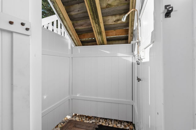 interior details with wooden walls and wooden ceiling