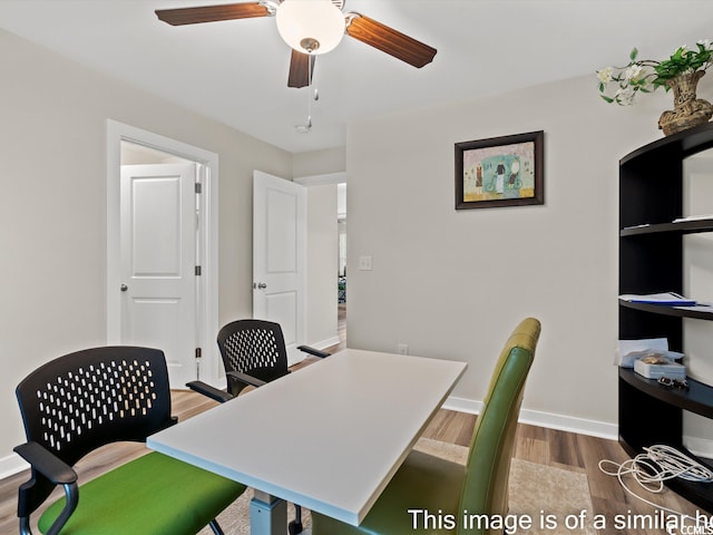 office space featuring ceiling fan and wood-type flooring