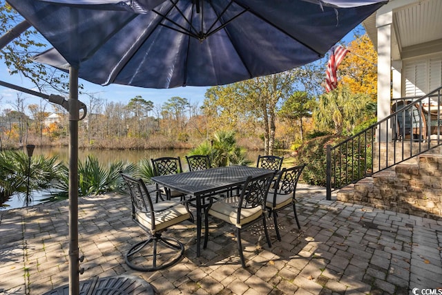 view of patio / terrace featuring a water view