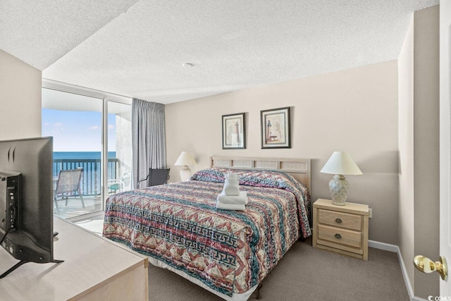 carpeted bedroom with access to outside and a textured ceiling