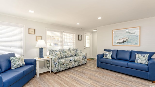 living room featuring crown molding and light hardwood / wood-style flooring