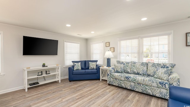 living room featuring light wood-type flooring and crown molding