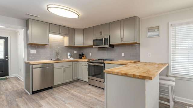 kitchen featuring wood counters, kitchen peninsula, stainless steel appliances, sink, and light hardwood / wood-style flooring