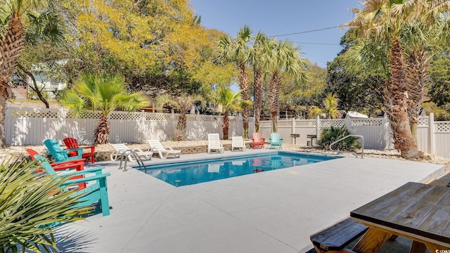 view of swimming pool featuring a patio, a fenced backyard, and a fenced in pool