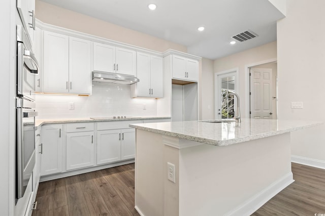 kitchen with light stone countertops, white cabinetry, and a kitchen island with sink