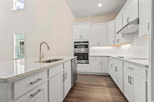 kitchen with appliances with stainless steel finishes, white cabinets, a sink, and under cabinet range hood