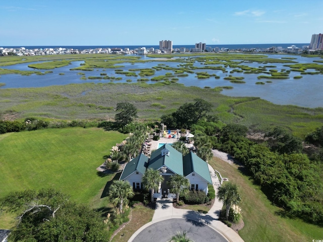 drone / aerial view featuring a water view