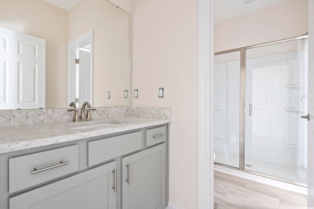 bathroom featuring vanity, wood-type flooring, and a shower with shower door