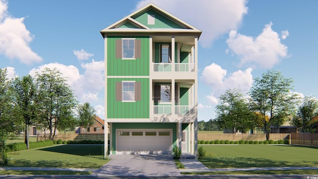 beach home with a garage, driveway, a front lawn, and board and batten siding